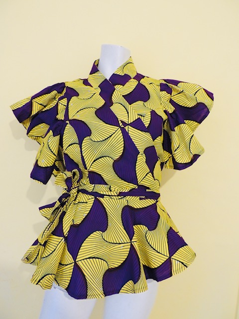Wrap butterfly sleeve Blouse (Yellow/Purple)